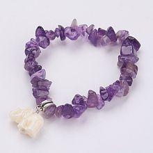 Honeyhandy Resin Elephant Charm Bracelets, with Natural Amethyst Chips, 2 inch(51mm)