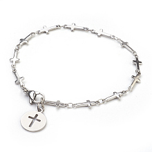 Honeyhandy 304 Stainless Steel Charm Bracelets, Flat Round with Cross, Stainless Steel Color, 7-7/8 inch(20cm), Charm: 14x12x1mm