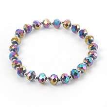 Honeyhandy Electroplate Glass Stretch Bracelets, with Brass Spacer Beads, Round, Multi-color Plated, 2-1/8 inch(5.3cm)