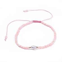 Honeyhandy Adjustable Nylon Thread Braided Beads Bracelets, with Glass Seed Beads and Grade A Natural Freshwater Pearls, Pink, 2-1/8 inch(5.3cm)