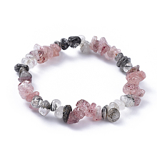 Honeyhandy Natural Tourmalinated Quartz/Black Rutilated Quartz & Strawberry Quartz Chip Stretch Bracelets, Inner Diameter: 2-1/8~2-1/4 inch(5.3~5.5cm)