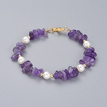 Honeyhandy Natural Amethyst Chip Beaded Bracelets, with Shell Pearl Round Beads, Brass Beads and 304 Stainless Steel Lobster Claw Clasps, 7-1/4 inch(18.5cm)