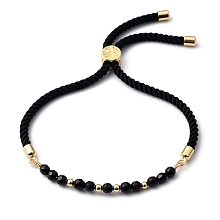 Honeyhandy Adjustable Slider Bracelets, Nylon Cord Bracelets, with Natural Black Agate Beads and Brass Beads, Golden, Inner Diameter: 3/4 inch~3-3/4 inch(2~9.5cm)