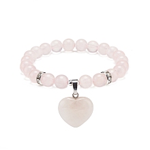 Honeyhandy Natural Rose Quartz Round Beaded Stretch Bracelet with Heart Charm, Gemstone Yoga for Women, Inner Diameter: 2 inch(4.95cm)