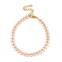 Honeyhandy Enamel Ear of Wheat Link Chains Bracelet, PVD Vacuum Plating 304 Stainless Steel Jewelry for Women, Pearl Pink, 6-7/8 inch(17.6cm)