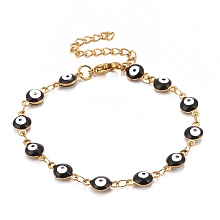 Honeyhandy Enamel Oval with Evil Eye Link Chains Bracelet, PVD Vacuum Plating 304 Stainless Steel Jewelry for Women, Golden, Black, 6-1/2 inch(16.5cm)