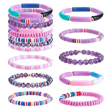 Honeyhandy 8Pcs 6 Style Synthetic Imperial Jasper & GLass Beaded Stretch Bracelets Set, Polymer Clay Heishi Surfer  Bracelets, Acrylic Curved Tube Chunky Bracelets for Women, Purple, Inner Diameter: 2-1/8 inch(5.5cm)