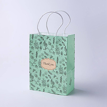 kraft Paper Bags, with Handles, Gift Bags, Shopping Bags, Rectangle, Flower Pattern, Green, 21x15x8cm