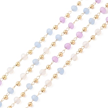 Honeyhandy Faceted Rondelle Glass & Round 304 Stainless Steel Beaded Chains, with Light Gold 316 Surgical Stainless Steel Findings, Soldered, Light Sky Blue, 3x2.5mm, 4x2.5x0.5mm