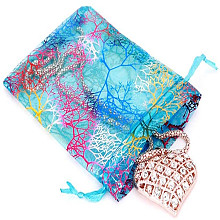 Honeyhandy Rectangle Printed Organza Drawstring Bags, Colorful Coral Pattern, Cyan, 12x9cm