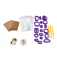 Honeyhandy 29Pcs 29 Style Circle & Fan & Triangle & Oval Stainless Steel & Polymer Clay Pendant Cutters, Plastic Clay Sculpting Tools, with Plastic Nuts & Bags, Iron Earring Hooks & Jump Rings, Purple, 129Pcs/set