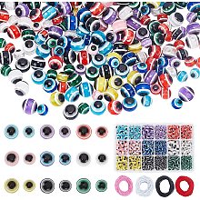 Pandahall Elite 630pcs 9 Colors Evil Eye Bracelet Set Flat and Round Turkish Handmade Beads Evil Eye Resin Beads 100 Yards Round Elastic Cord for Earring Necklace Making, 6mm, 8mm