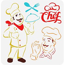 FINGERINSPIRE Chef Stencil 11.8x11.8 inch Chef Baker Cook Stencil Hollow Out Chef Hat Painting Stencil Chef Man Craft Stencils Plastic PET Fork Spoon Drawing Stencil for Kitchen Wall Tiles Decor