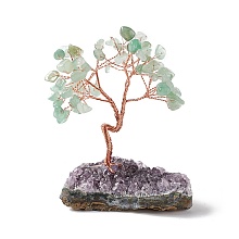 Honeyhandy Natural Green Aventurine Tree Display Decoration, Druzy Amethyst Base Feng Shui Ornament for Wealth, Luck, Rose Gold Brass Wires Wrapped, 45~52x69~75x93~107mm