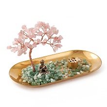 Honeyhandy Natural Rose Quartz with Green Aventurine Chips with Brass Incense Burner Holder, with Rose Gold Plated Brass Wires and Buddha, Lucky Tree, 83.5x180x85~100mm