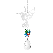 Honeyhandy Teardrop Glass Hanging Suncatcher Pendant Decoration, Crystal Ceiling Chandelier Ball Prism Pendants, with Stainless Steel Findings, Bird, 350x91mm, pendant: 50x34mm, bird: 100mm