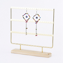 Honeyhandy Iron 3-Tier Earring Display Stand, for Hanging Dangle Earring, with Wood Pedestal, Golden, 25.4x25.2x5.1cm