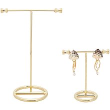 FINGERINSPIRE Gold Metal 2Pcs T Bar Earring Display Stand Without Hole Jewelry Holders Hanging Jewelry Organizer for Jewelry Store Retail Photography Props【Gold- Round Base 2 Heights 5.9 & 2.8 Inch】