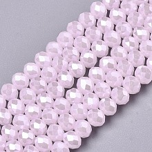 Honeyhandy Electroplate Glass Beads Strands, Imitation Jade Beads, Pearl Luster Plated, Faceted, Rondelle, Pink, 2.9~3.3x2mm, Hole: 0.8mm, about 145~150pcs/strand, 34~35cm