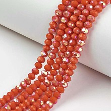 Electroplate Opaque Solid Color Glass Beads Strands, Half Rainbow Plated, Faceted, Rondelle, Orange Red, 4x3mm, Hole: 0.4mm, about 123~127pcs/strand, 16.5~16.9 inch(42~43cm)