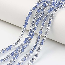 Honeyhandy Electroplate Transparent Glass Beads Strands, Half Silver Plated, Faceted, Rondelle, Steel Blue, 6x5mm, Hole: 1mm, about 92~94pcs/strand, 17~17.5 inch(42.5~43.75cm)