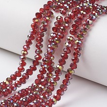 ARRICRAFT Electroplate Transparent Glass Beads Strands, Half Green Plated, Faceted, Rondelle, Dark Red, 6x5mm, Hole: 1mm, about 92~94pcs/strand, 17~17.5 inches(42.5~43.75cm)