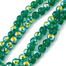 Transparent Electroplate Glass Beads Strands, Faceted, Round, AB Color Plated, Green, 7.5~8x7mm, Hole: 1.2mm, about 70~72pcs/strand, 20.08~20.47 inch(51~52cm)