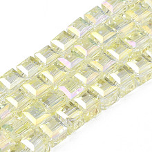 Electroplate Transparent Glass Beads Strands, AB Color Plated, Faceted, Cube, Champagne Gold, 7x7x7mm, Hole: 1.4mm, about 100pcs/strand, 26.77 inch(68cm)