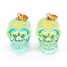 Honeyhandy Electroplate K9 Glass Pendants, with Golden Plated Brass Bails, Skull, Halloween, Light Green, 25x26~27x19mm, Hole: 5x3mm