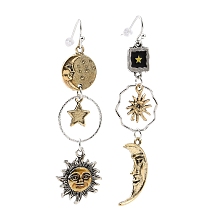 Honeyhandy Alloy Moon & Sun & Star Asymmetrical Earrings, Tassel Long Drop Dangle Earrings for Women, Antique Silver & Antique Golden, 72mm, Pin: 0.7mm