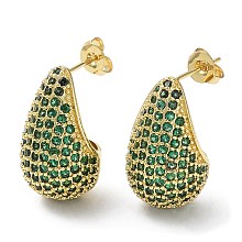 Honeyhandy Cubic Zirconia Teardrop Stud Earrings, Real 16K Gold Plated Brass Earrings for Woman, Dark Green, 20x12mm