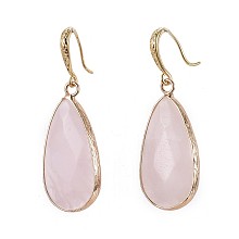 Honeyhandy Teardrop Natural Rose Quartz Dangle Earrings, with Brass Earring Hooks, Packing Box, Real 18K Gold Plated, 45.5~46mm, Pin: 0.7mm