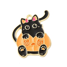 Honeyhandy Halloween Theme Alloy Enamel Pendants, Light Gold, Cat Charm, Pumpkin Pattern, 28x24x1.5mm, Hole: 2.2mm