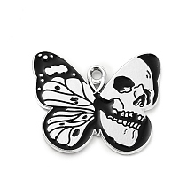 Honeyhandy Halloween Alloy Enamel Pendants, Butterfly with Skull Charm, Platinum, Black, 23x28x1mm, Hole: 2mm