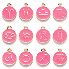 Honeyhandy Alloy Enamel Pendants, Flat Round with Constellation, Cerise, 15x12x2mm, Hole: 1.5mm, about 12pcs/set