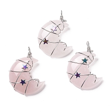 Honeyhandy Natural Rose Quartz Pendants, with Platinum Tone Brass Wire Wrapped and Hematite Star Beads, Cadmium Free & Lead Free, Moon, 45.5~47x32.5~33.5x11~12mm, Hole: 5mm