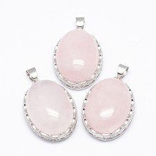 Honeyhandy Natural Rose Quartz Pendants, with Brass Findings, Oval, Platinum, 30x21x10~11mm, Hole: 6x4mm