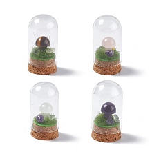 Honeyhandy Natural Mixed Stone Mushroom Display Decoration with Glass Dome Cloche Cover, Cork Base Bell Jar Ornaments for Home Decoration, 30x57.5mm