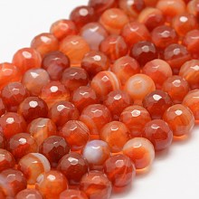 Honeyhandy Faceted Natural Striped Agate/Banded Agate Beads Strands, Round, Dyed & Heated, Orange Red, 4mm, Hole: 0.8mm, about 86pcs/strand, 14 inch(35.6cm)