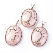 Honeyhandy Natural Rose Quartz Big Pendants, with Rose Gold Tone Brass Findings, Oval with Tree of Life, 56~58.5x35~36x12~13.8mm, Hole: 4.2~5.2x4.6~6mm