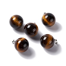 Honeyhandy Natural Tiger Eye Pendants, with Platinum Tone Brass Findings, Round Charm, 22x18mm, Hole: 3x6mm