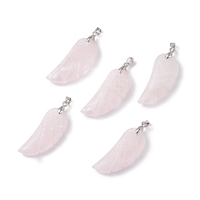 Honeyhandy Natural Rose Quartz Pendants, with Platinum Plated Brass Loops, Wing, 36x15~16.6x6.5~7.7mm, Hole: 5x4mm