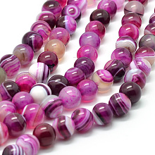 Honeyhandy Natural Striped Agate/Banded Agate Bead Strands, Round, Grade A, Dyed & Heated, Deep Pink, 6mm, Hole: 1mm, about 61pcs/strand, 15 inch