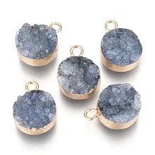 Honeyhandy Natural Druzy Agate Pendants, with Real 18K Gold Plated Brass Finding, Long-Lasting Plated, Flat Round, Dyed, Steel Blue, 18~20x14x5~10mm, Hole: 2~3mm