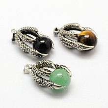 Honeyhandy Vintage Natural Bezel Mixed Gemstone Pendants, with Antique Silver Plated Alloy Findings, Animal Claw with Round Beads, 37x25x16mm, Hole: 5x3mm