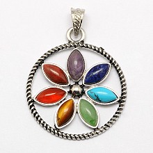 Honeyhandy Vintage Chakra Jewelry Alloy Bezel Gemstone Pendants, Circle with Flower of Life/Sacred Geometry, Antique Silver, 46x40x4mm, Hole: 7x4mm