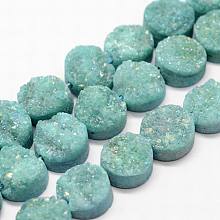 Honeyhandy Electroplated Natural & Dyed Druzy Agate Bead Strands, Grade AB, Flat Round, Turquoise, 14x5~8mm, Hole: 2mm, about 14pcs/strand, 7.87 inch