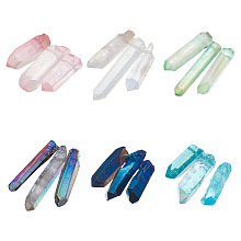 Olycraft 6 Sets 6 Colors Electroplated Natural Quartz Crystal Beads Strands, Nuggets, Mixed Color, 21~43x5~13mm, Hole: 1mm, 3pcs/set, 1 set/color