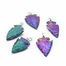 Honeyhandy Electroplated Natural Indian Agate Pendants, with Brass Findings, Arrowhead, Platinum, Multi-color Plated, 36~58x18~30x4~8mm, Hole: 5x7mm