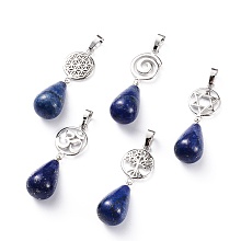 Honeyhandy Yoga Chakra Jewelry, Natural Lapis Lazuli Pendants, with Platinum Plated Brass Findings, Teardrop & Votex/Om Symbol/Tree of Life/Flower of Life/Star of David, 42~45mm, Hole: 8x5mm